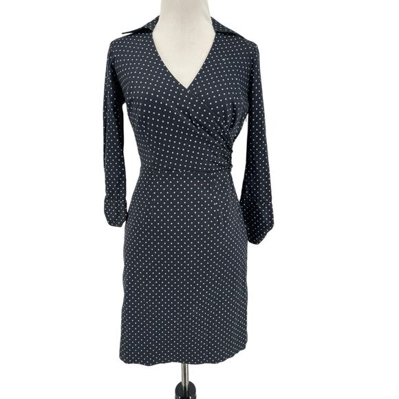 Ann Taylor Women's Petite Navy Blue Polka Dot Faux Wrap Dress Size 0P - Picture 1 of 4